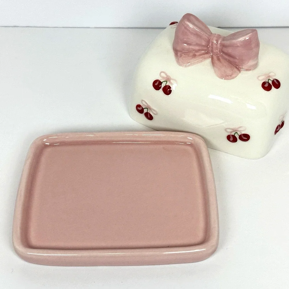 Pink Cherry Butter Dish Bow Lid Coquette Cottagecore Kawaii Kitchen Decor New